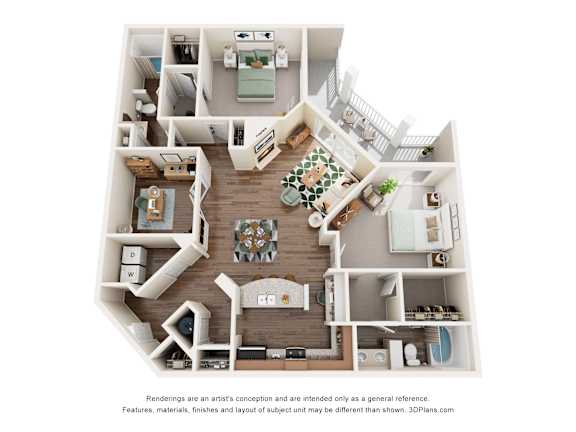 Floor Plan  A 3D floor plan of a house with a kitchen, living room, and dining area.