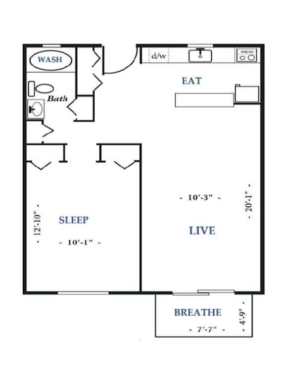 A floor plan of a small apartment with labeled rooms and measurements.