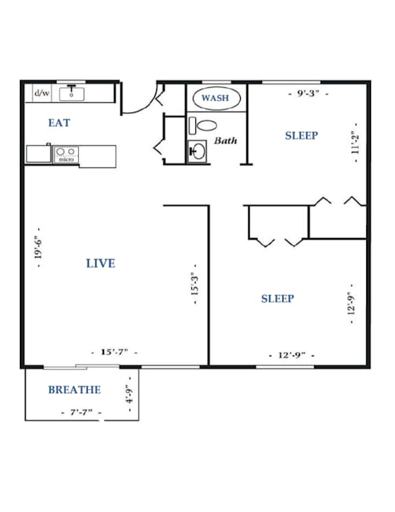 A floor plan of a small apartment with a living room, kitchen, bathroom, and two bedrooms.
