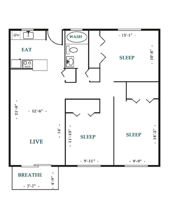 A floor plan of a small apartment with labeled rooms and measurements.