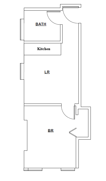 A floor plan of a house with a bath, kitchen and two bedrooms.