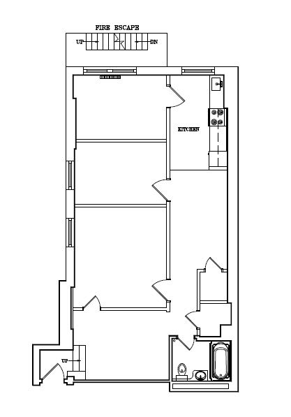 A floor plan of a room with a fire escape.