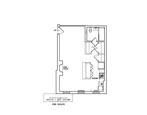 A floor plan of a room with a fire escape.