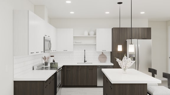 A modern kitchen with white and brown cabinets and a white countertop.