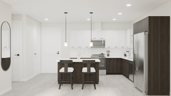 A modern kitchen with a dining table and chairs.