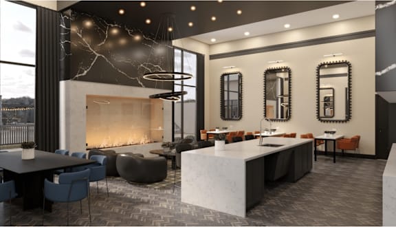 A modern dining area with a fireplace and a marble counter.