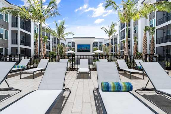 an outdoor lounge area with lounge chairs and tables and palm trees at Mira at Palmer Ranch in Sarasota, FL