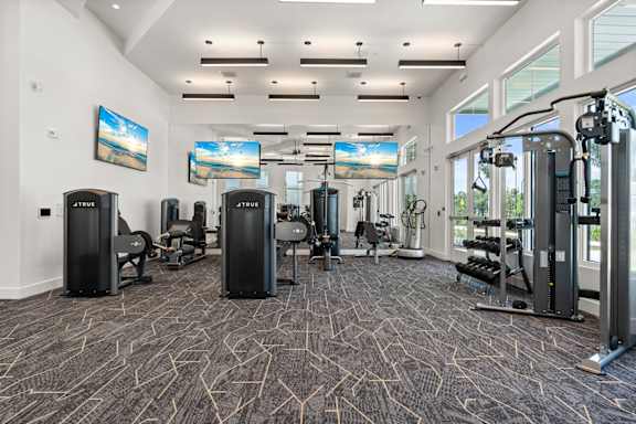 Mira fitness center with weights and cardio equipment in a building with large windows
