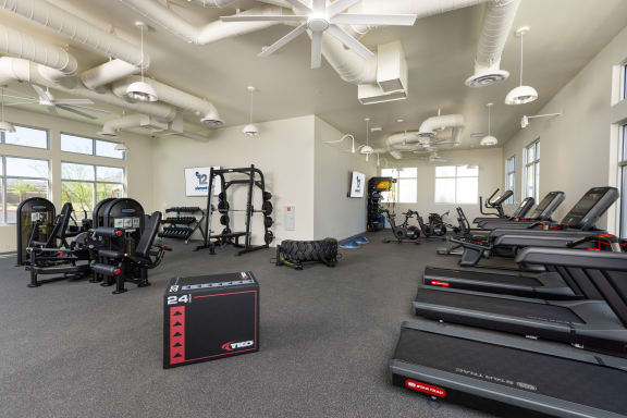 a large fitness center with treadmills and other exercise equipment at Element 12