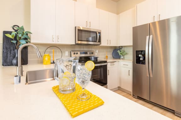 a modern kitchen with stainless steel appliances  at Solasta Apartments