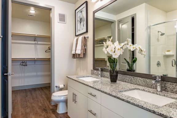 a bathroom with double sink, granite countertops and a large mirror