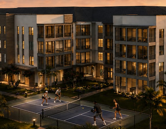Three people playing tennis on a court in front of a building.