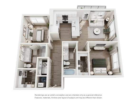 Velo B6 floor plan rendering 2 bed x 2 bath
