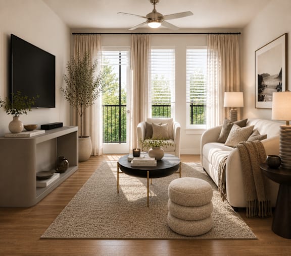 A living room with a flat screen TV mounted on the wall.