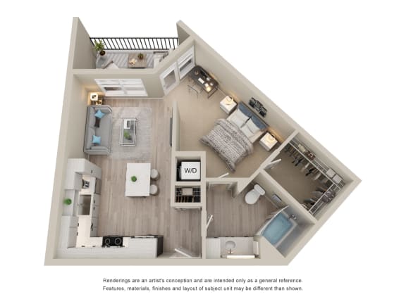 Unit Type A2, a stylized floor plan with 1 bedroom and 1 bathroom at Zeta Luxury Apartments in Sacramento, CA