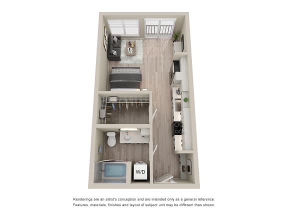 S1 Unit Type, a stylized floor plan of a  studio unit with a bathroom at Zeta Luxury Apartments in Sacramento, CA