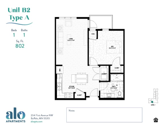 B2 Type A Floor Plan at Alo Apartments in Buffalo, MN