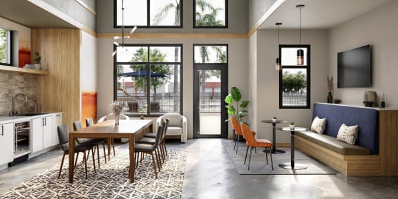 a rendering of a living room and dining room with large windows