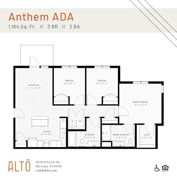 A floor plan for an apartment at Anthem ADA shows a living room, two bedrooms, a bathroom, a kitchen, and a primary bathroom.