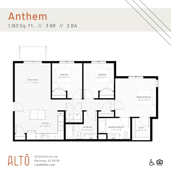 Floor Plan  A floor plan for an apartment named Anthem, measuring 1,183 square feet, with 3 bedrooms and 2 bathrooms.