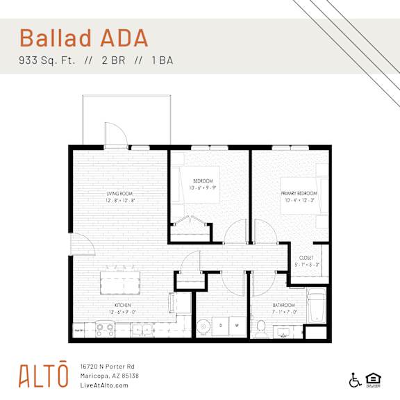 Floor Plan  A floor plan for Ballad ADA, a 2 bedroom, 1 bathroom apartment.