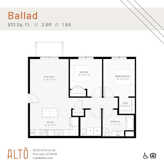A floor plan for a 2 bedroom and 1 bathroom apartment at 933 Sq. Ft.