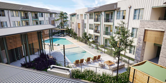 a rendering of an apartment building with a pool and patio