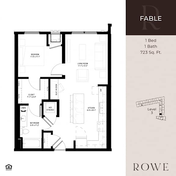 A floor plan for a one bedroom, one bathroom apartment at Rowe Fable.