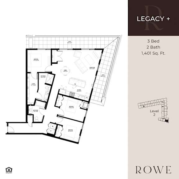 A floor plan for a property called Legacy shows a 3 bedroom, 2 bathroom apartment.