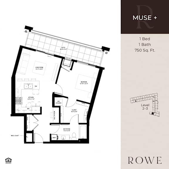 A floor plan for a MUSE+ property with one bedroom and one bathroom.