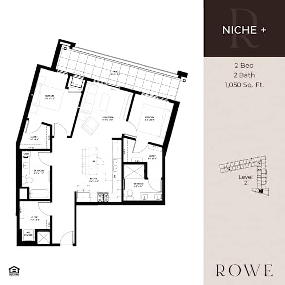 A floor plan for a two bedroom, two bathroom apartment sized at 1,050 square feet.