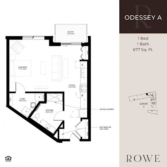 A black and white image of a floor plan for a one bedroom apartment.