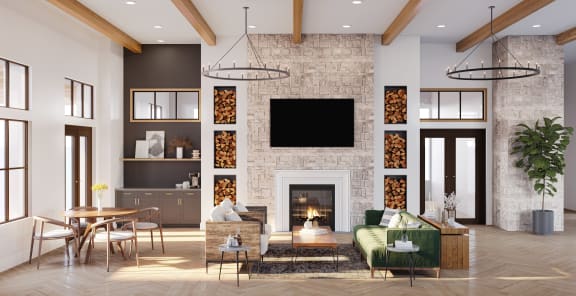 a rendering of a living room with a fireplace and a tv above it