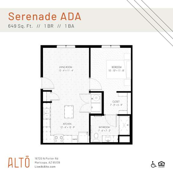 A floor plan for a 1 bedroom and 1 bathroom apartment at Serenade ADA.
