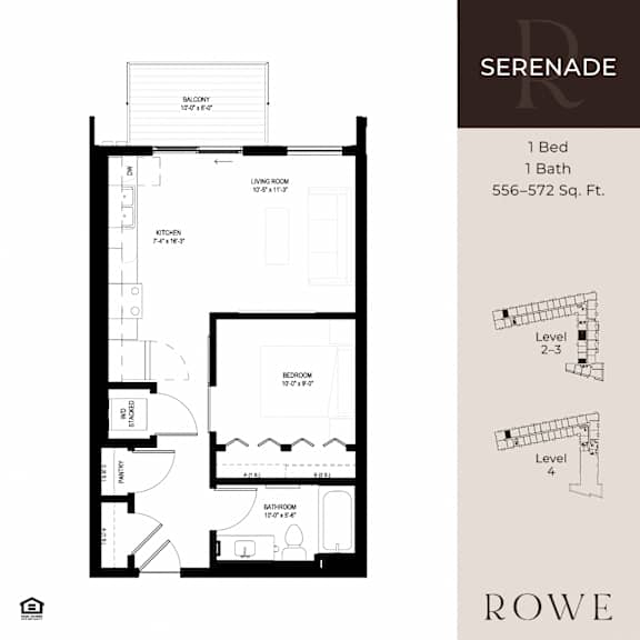 A floor plan for a one bedroom, one bathroom apartment at Serenade.