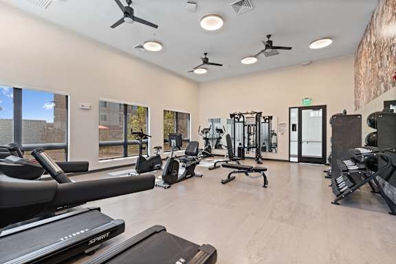 A spacious gym with treadmills, exercise bikes, and other equipment.