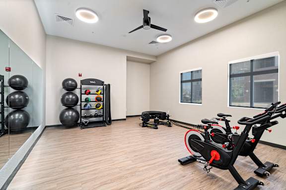 A gym with a rowing machine, exercise balls, and a mirror.