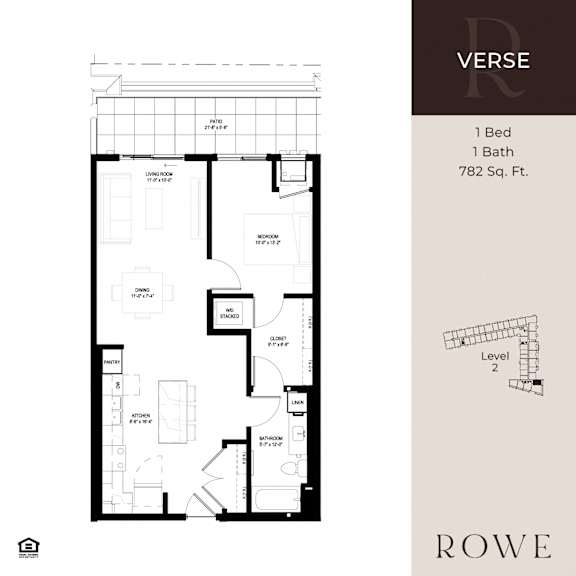 A floor plan for a one bedroom, one bathroom apartment at Rowe Verse.