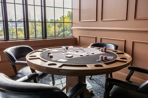 A poker table with chips and cards on it in a room with a window.