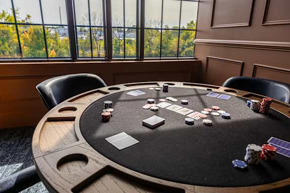 A poker table with chips and cards in a room with a window.