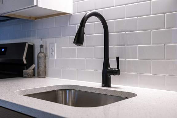 A modern kitchen sink with a black faucet at The Dean at Creekview Apartments, Newark