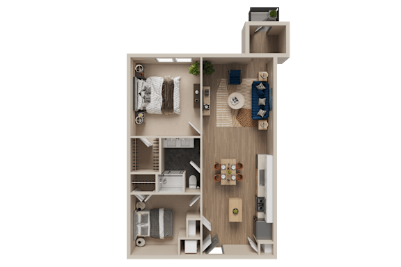 A detailed 3D floor plan of a small apartment layout.