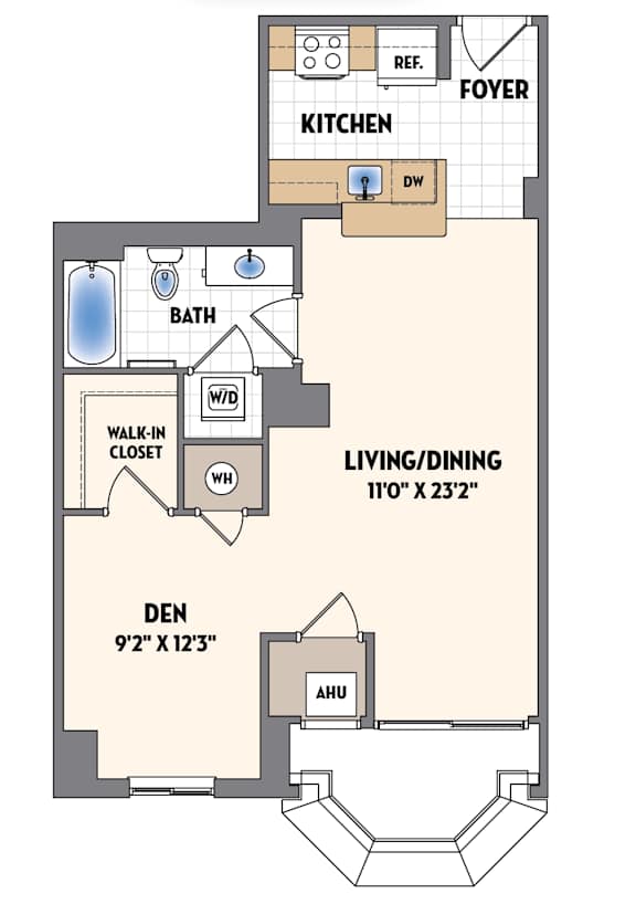 A floor plan of a one bedroom apartment with a living room, kitchen, bathroom, and den.
