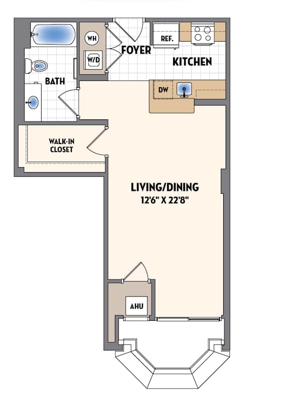 A floor plan of a living/dining area that is 12'6" x 22'8".