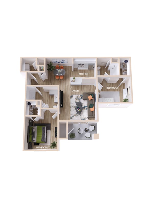 A floor plan of a house with a kitchen, living room, dining room, and three bedrooms.