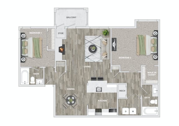 Floor Plan  a floor plan of a 3 bedroom apartment at Brampton Moors, Cary, NC, 27513