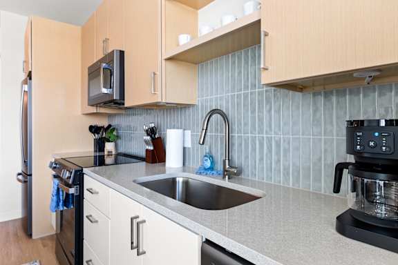 A kitchen with a sink, faucet, and a microwave at Hawkins Press Apartments, Charlotte, North Carolina