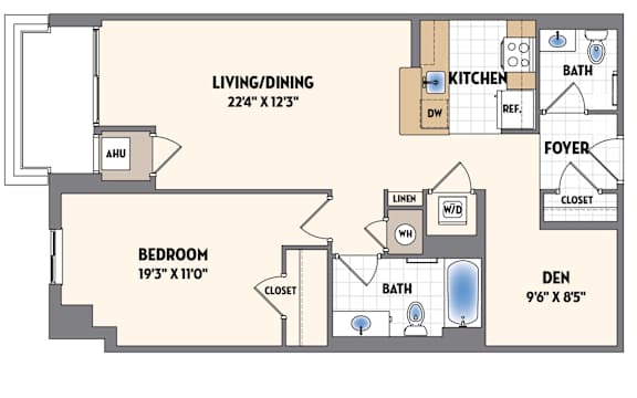 A floor plan of a living space with a den, bedroom, and kitchen.