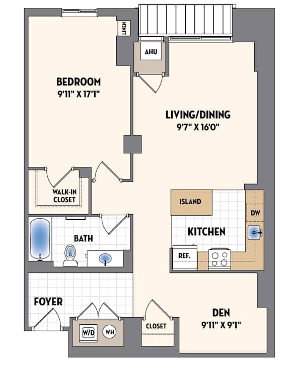 A floor plan of a home with a bedroom, living/dining area, kitchen, foyer, and den.