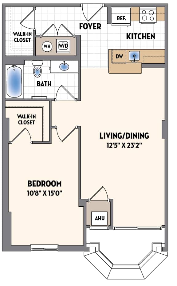 A floor plan of a small apartment with a living room, bedroom, bathroom, and kitchen.